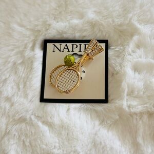 Napier Gold Tennis Racket Brooch with Green Accent